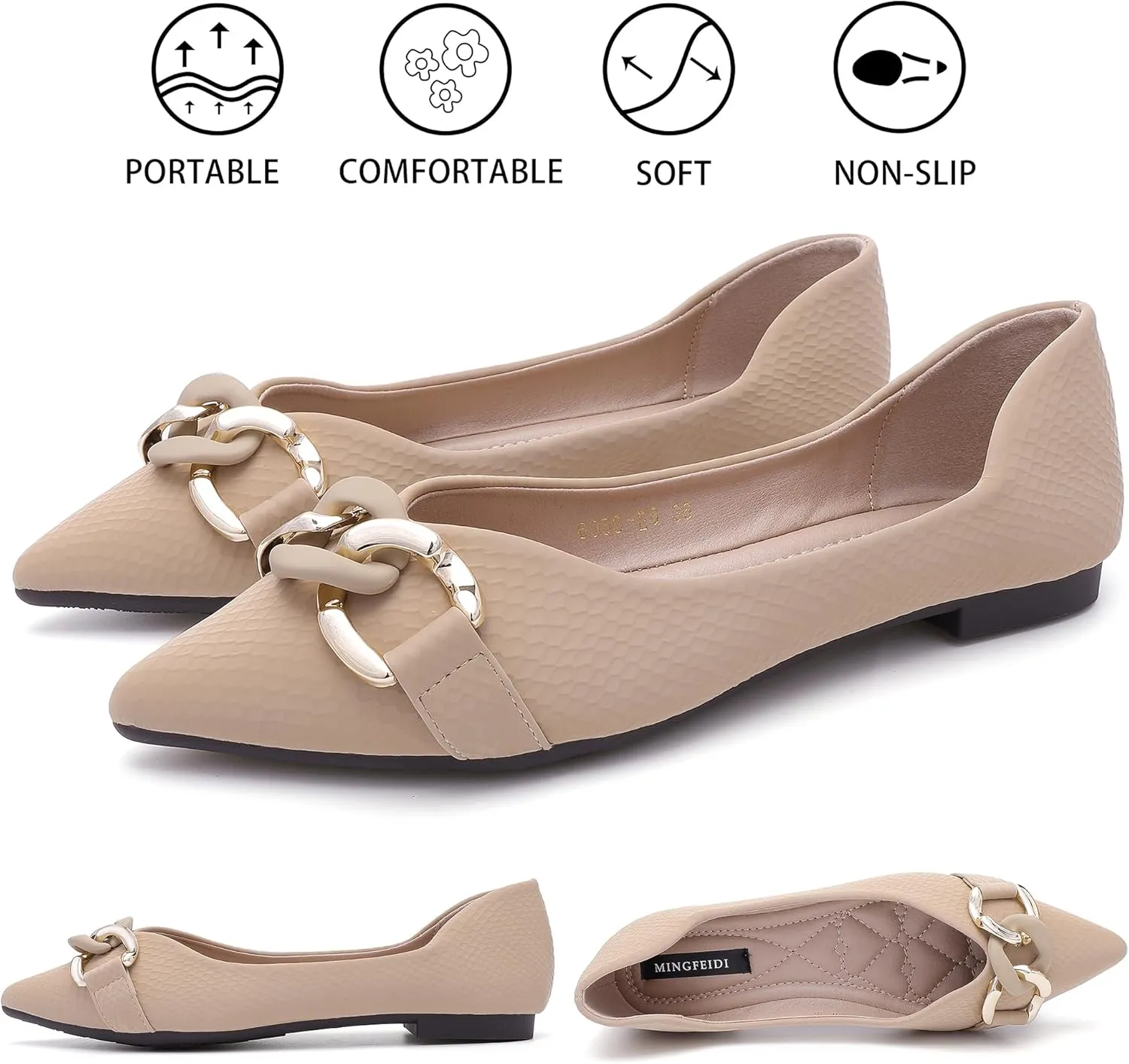 TLJIANG Women's Pointed Flat Shoes Cute Chain Comfortable Leather Flat Shoes Ballet