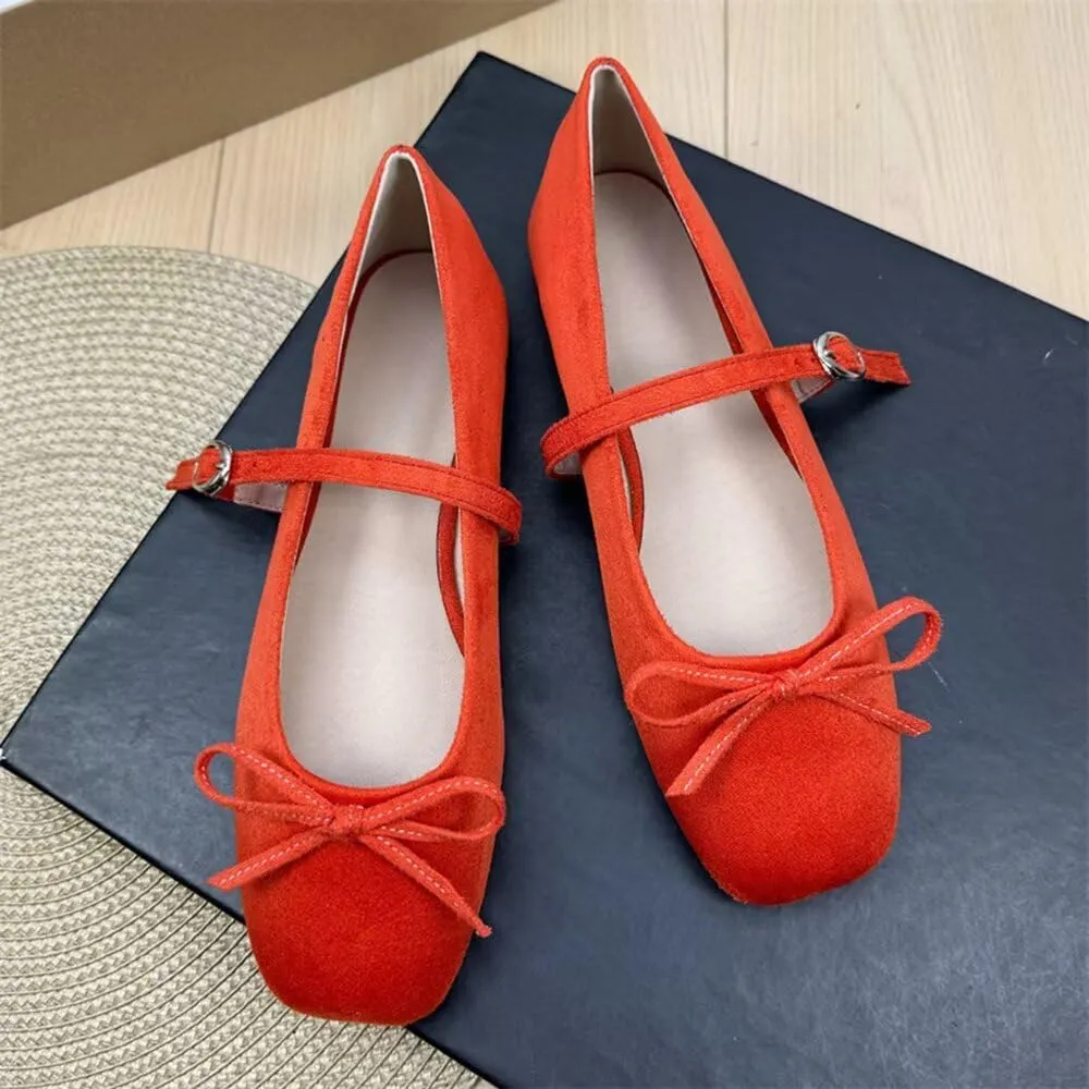 TN TANGNEST Leather Flats for Women Comfortable Square Toe Bowknot Ballet Flats Retro Slip On Mary Jane Flats