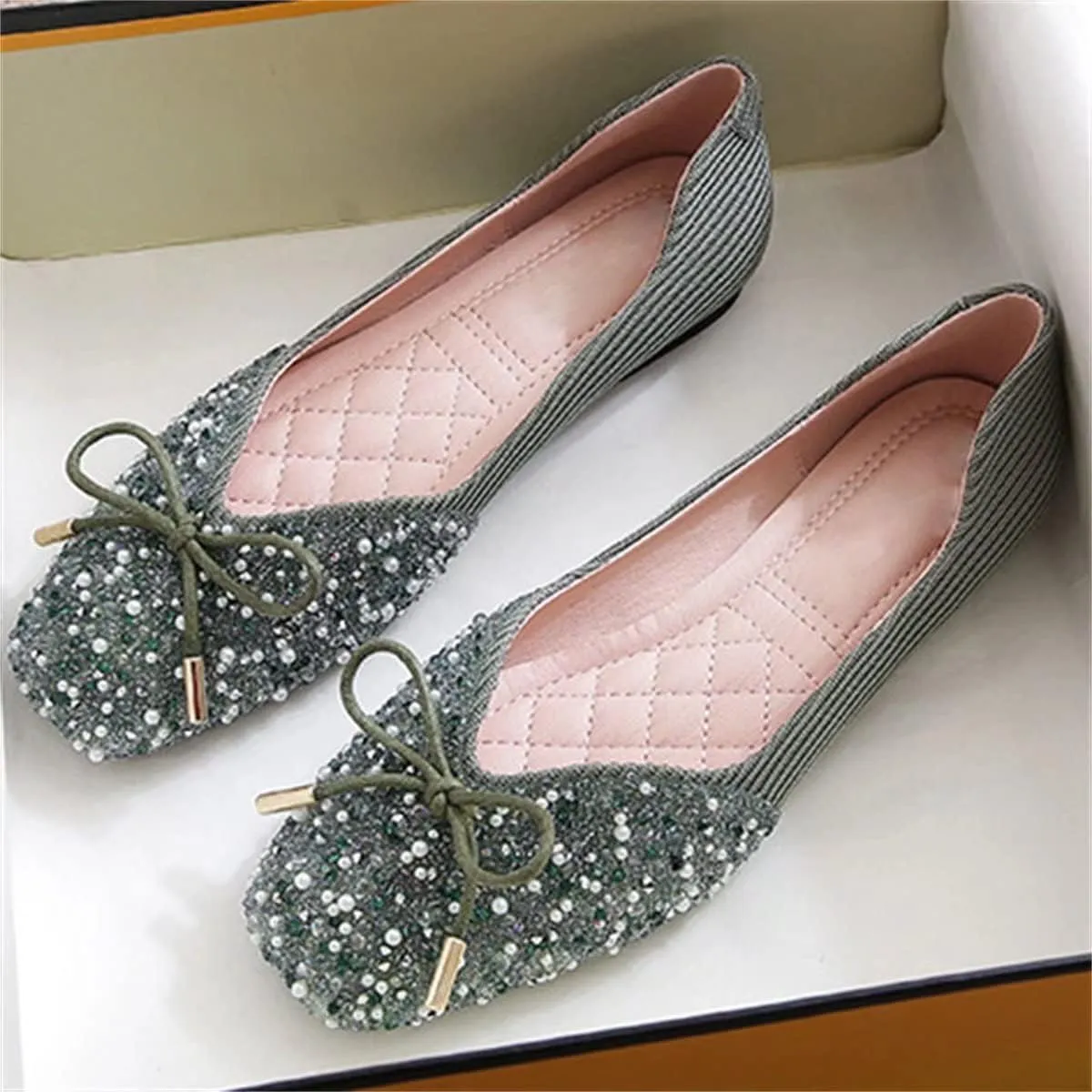 TN TANGNEST Women's Rhinestone Flats Comfortable Square Toe Slip on Flat Shoes