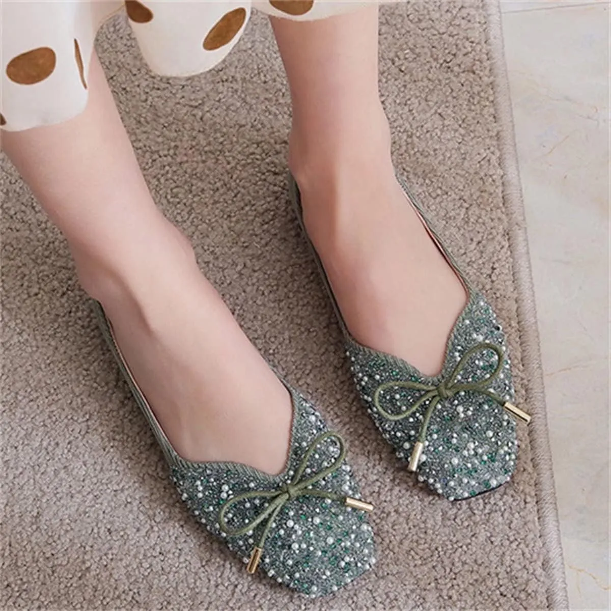 TN TANGNEST Women's Rhinestone Flats Comfortable Square Toe Slip on Flat Shoes