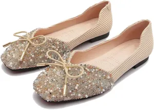 TN TANGNEST Women's Rhinestone Flats Comfortable Square Toe Slip on Flat Shoes