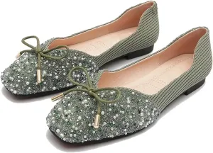 TN TANGNEST Women's Rhinestone Flats Comfortable Square Toe Slip on Flat Shoes