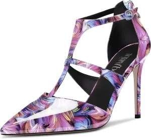 TNYNFBEB Women Stiletto High Heel Close Pointed Toe Pumps T-Strap Zipper Party Office Basic Classic 3.9 Inches Heels
