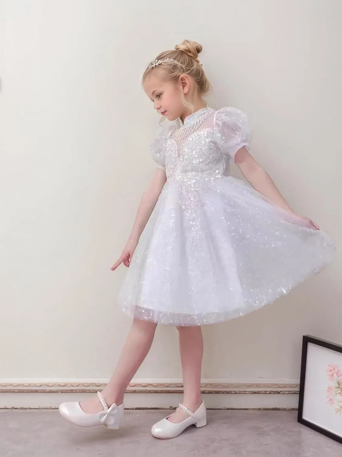 Toddler Girls Low Heel Princess Dress Shoes Glitter Flower Wedding Party Mary Jane Pumps Shoes for Kids