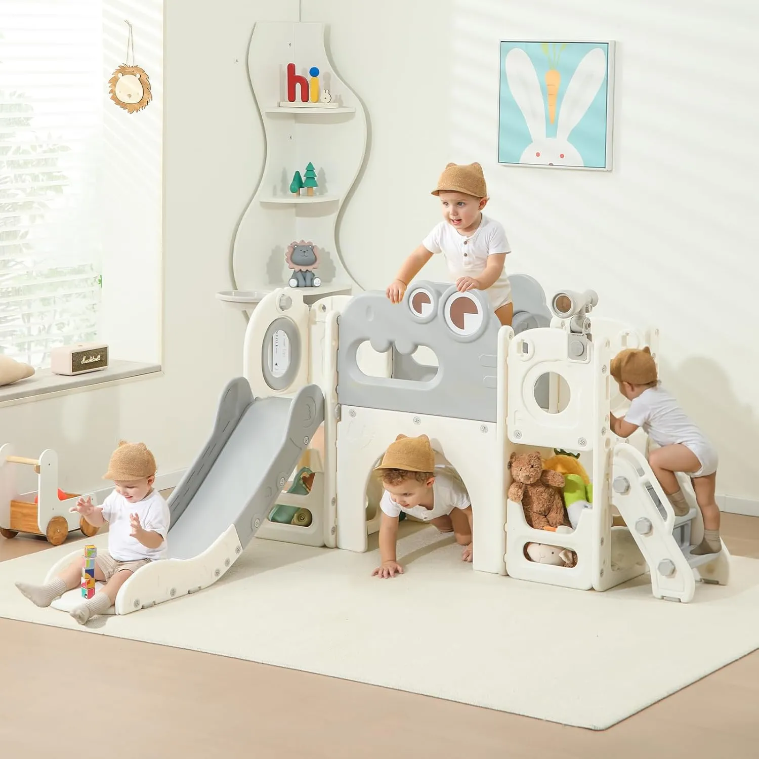 Toddler Slide, 8 in 1 Indoor Foldable Kids Slide for Toddlers Age 1-3, Extra-Long Slide with Basketball Hoop Indoor and Outdoor Baby Climber Playset Playground, Climber Playset with Telescope
