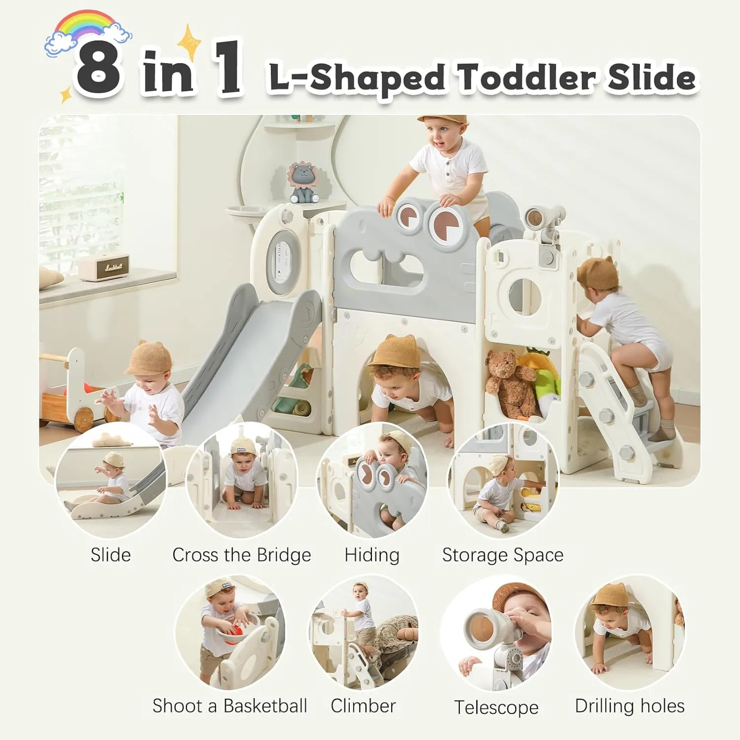 Toddler Slide, 8 in 1 Indoor Foldable Kids Slide for Toddlers Age 1-3, Extra-Long Slide with Basketball Hoop Indoor and Outdoor Baby Climber Playset Playground, Climber Playset with Telescope