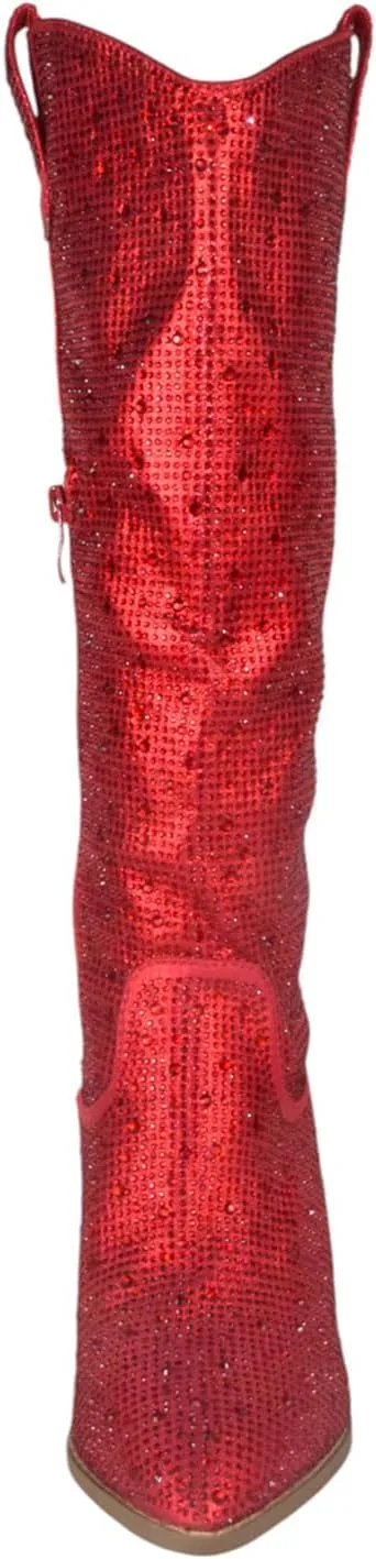 TOP Moda Women Knee High Boots Block High Heels Rhinestone Bling Glitter Side Zipper Pointed-Toe IMOGEN-38
