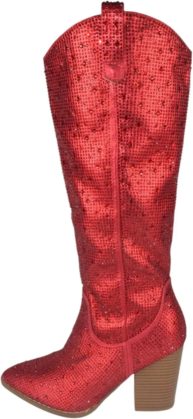 TOP Moda Women Knee High Boots Block High Heels Rhinestone Bling Glitter Side Zipper Pointed-Toe IMOGEN-38