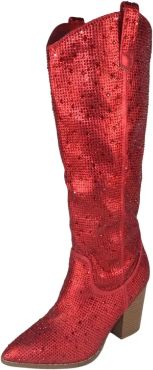 TOP Moda Women Knee High Boots Block High Heels Rhinestone Bling Glitter Side Zipper Pointed-Toe IMOGEN-38