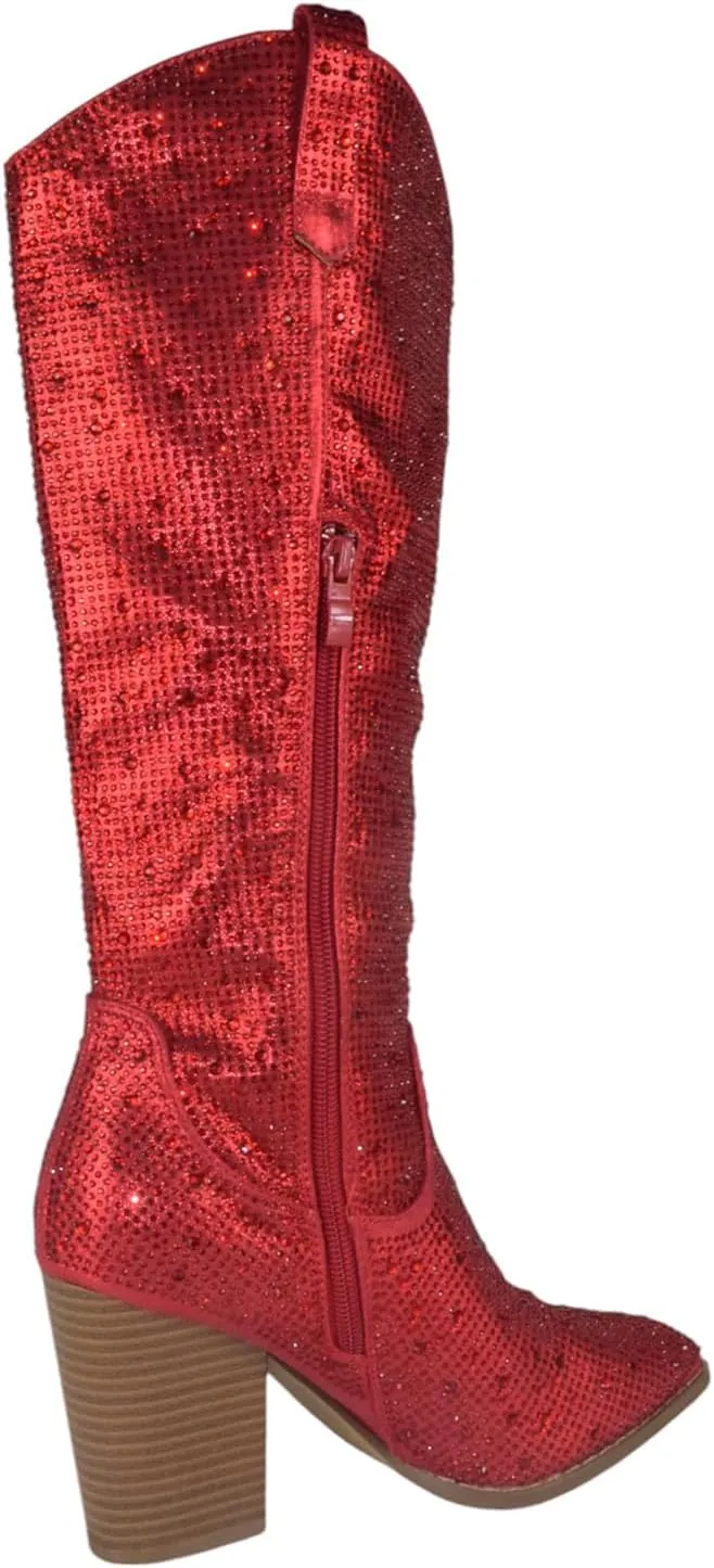 TOP Moda Women Knee High Boots Block High Heels Rhinestone Bling Glitter Side Zipper Pointed-Toe IMOGEN-38