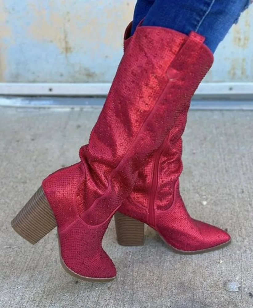TOP Moda Women Knee High Boots Block High Heels Rhinestone Bling Glitter Side Zipper Pointed-Toe IMOGEN-38