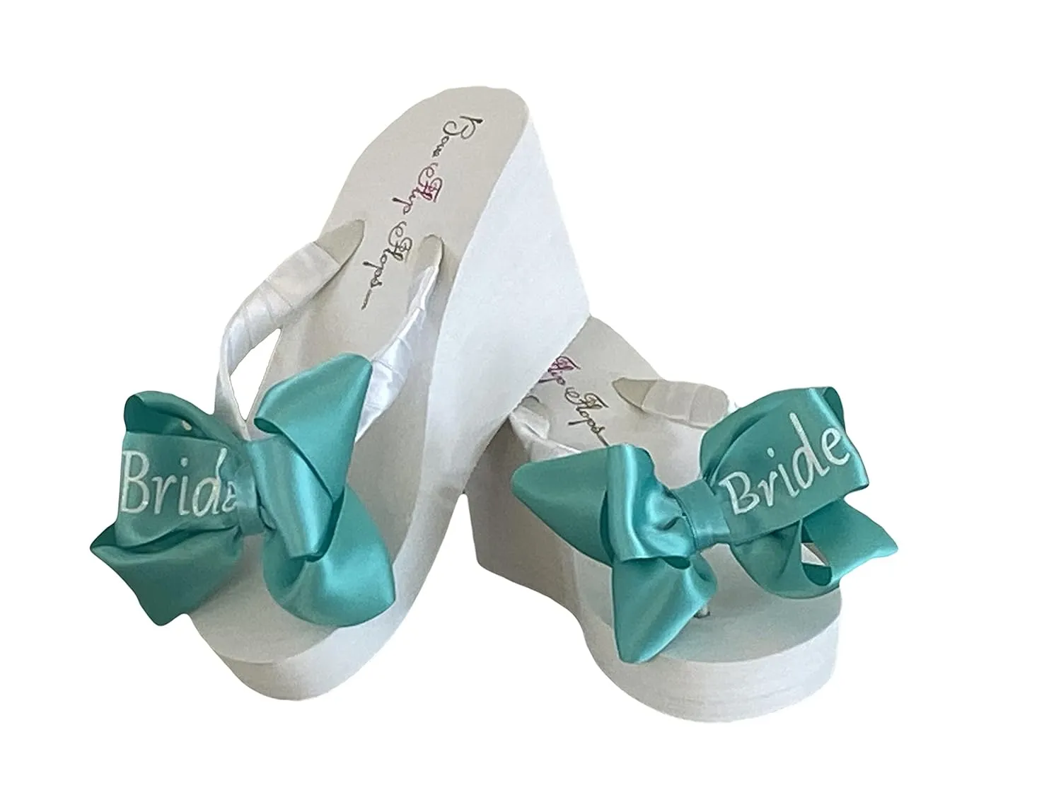 Turquoise & White Glitter Bride Bow Flip Flops, Wedge High Heel or Flat, Ivory