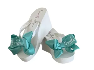 Turquoise & White Glitter Bride Bow Flip Flops, Wedge High Heel or Flat, Ivory