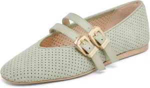 UBWDU Suede Mary Jane Flats for Women Perforated Round Toe Ballet Flats Comfortable Ballerina Shoes with Double Buckle Strap