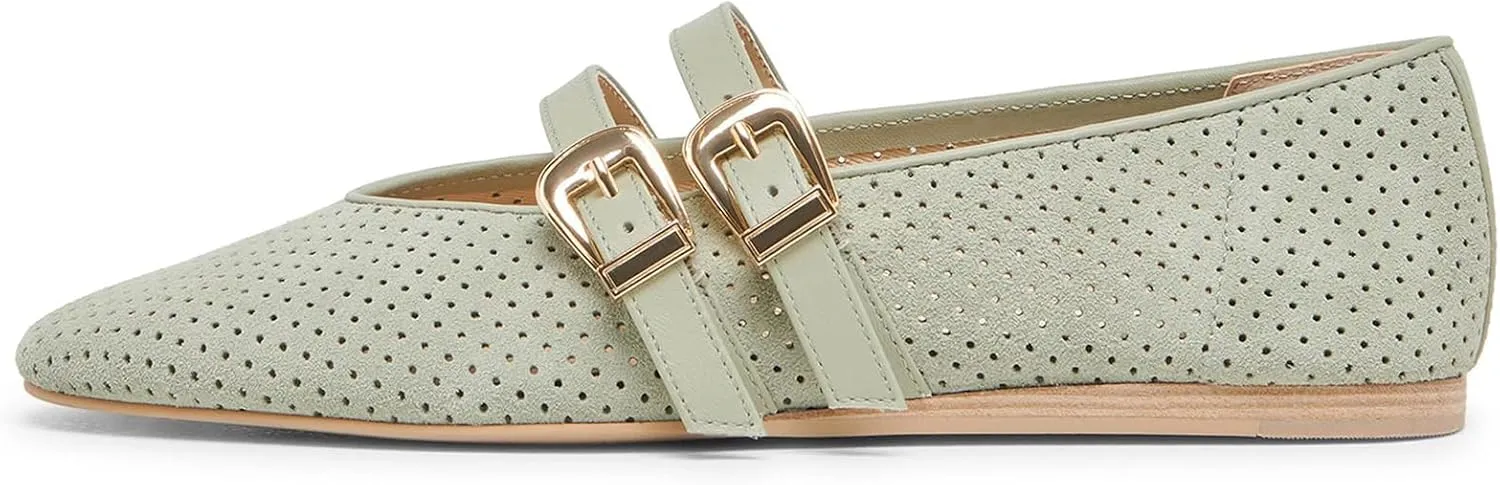 UBWDU Suede Mary Jane Flats for Women Perforated Round Toe Ballet Flats Comfortable Ballerina Shoes with Double Buckle Strap