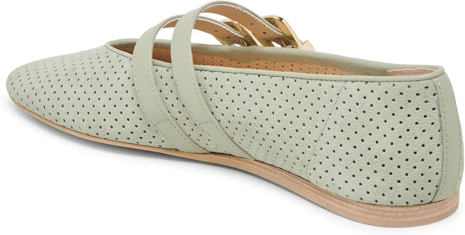 UBWDU Suede Mary Jane Flats for Women Perforated Round Toe Ballet Flats Comfortable Ballerina Shoes with Double Buckle Strap