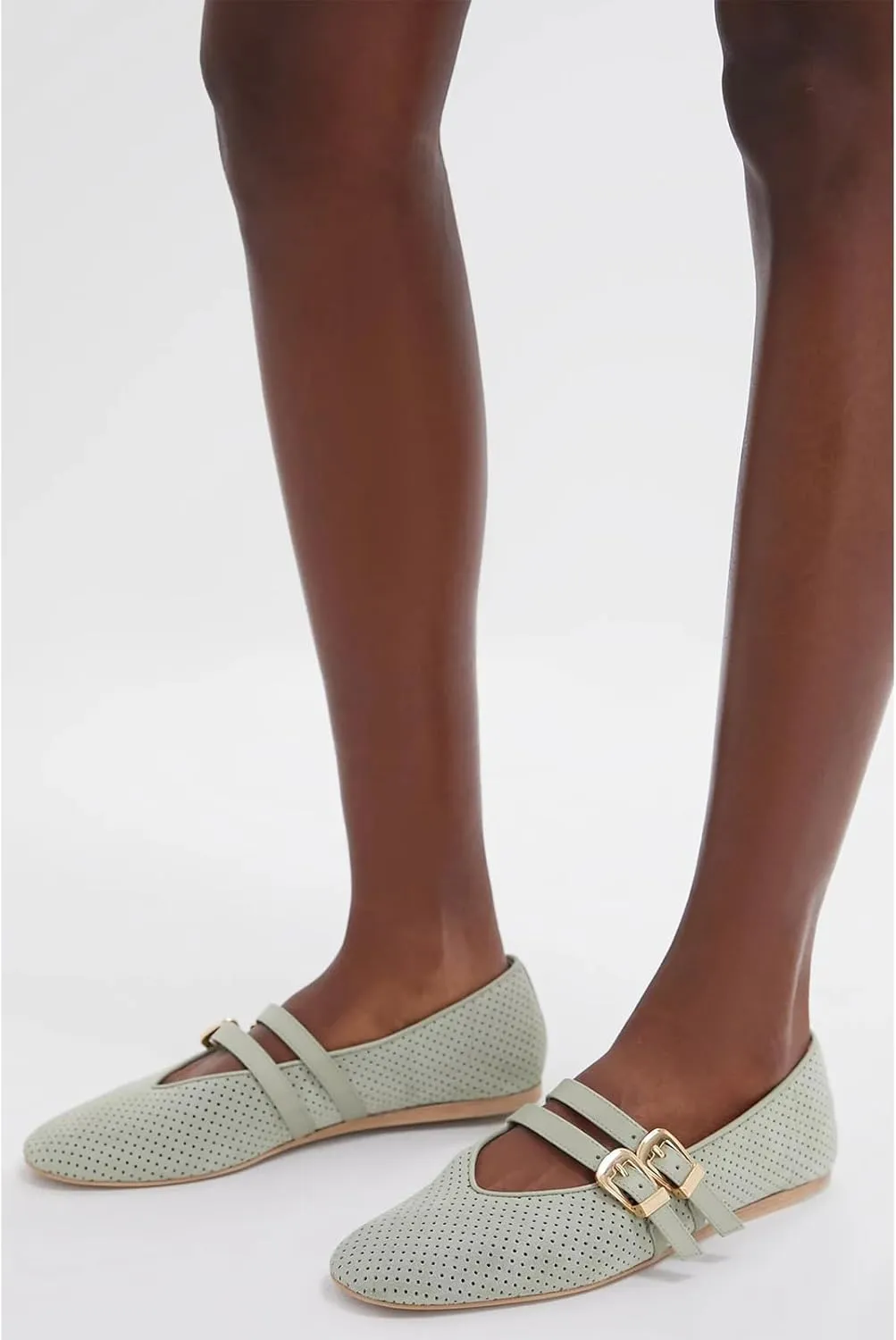UBWDU Suede Mary Jane Flats for Women Perforated Round Toe Ballet Flats Comfortable Ballerina Shoes with Double Buckle Strap