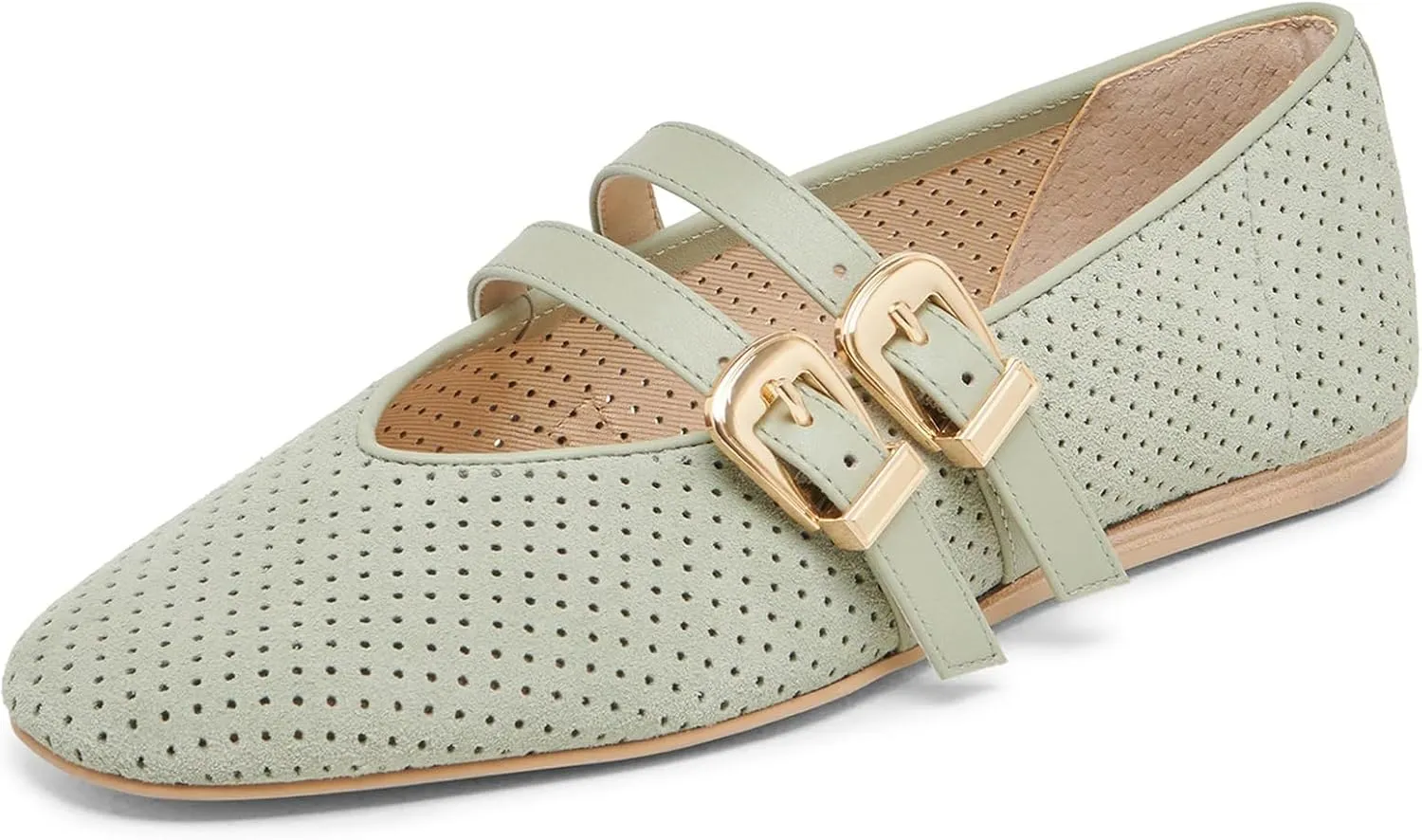 UBWDU Suede Mary Jane Flats for Women Perforated Round Toe Ballet Flats Comfortable Ballerina Shoes with Double Buckle Strap