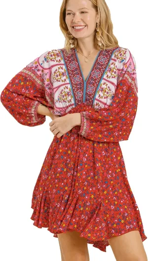 Umgee Womens Bohemian V-Neck Print Dress