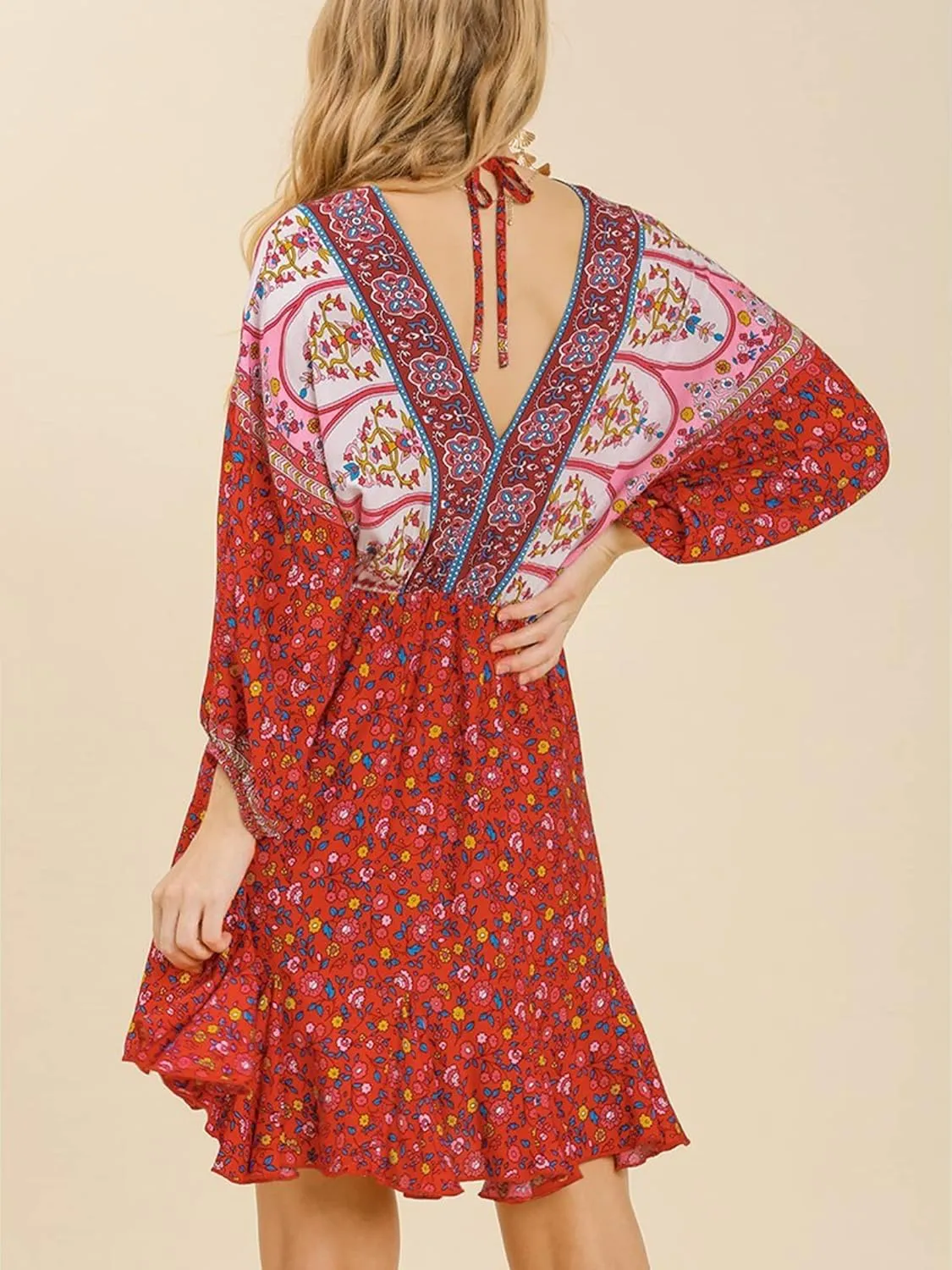 Umgee Womens Bohemian V-Neck Print Dress