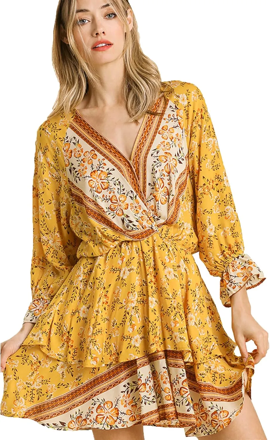 Umgee Womens Bohemian V-Neck Print Dress