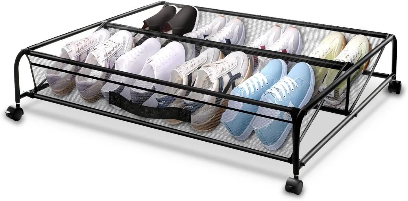 Under Bed Shoe Storage with Wheels, Space Saving Shoe Organizer with Sturdy Metal Frame & Breathable Mesh, Suitable Under the Bed, Sofa and Desk, 2 Packs