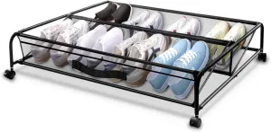Under Bed Shoe Storage with Wheels, Space Saving Shoe Organizer with Sturdy Metal Frame & Breathable Mesh, Suitable Under the Bed, Sofa and Desk, 2 Packs