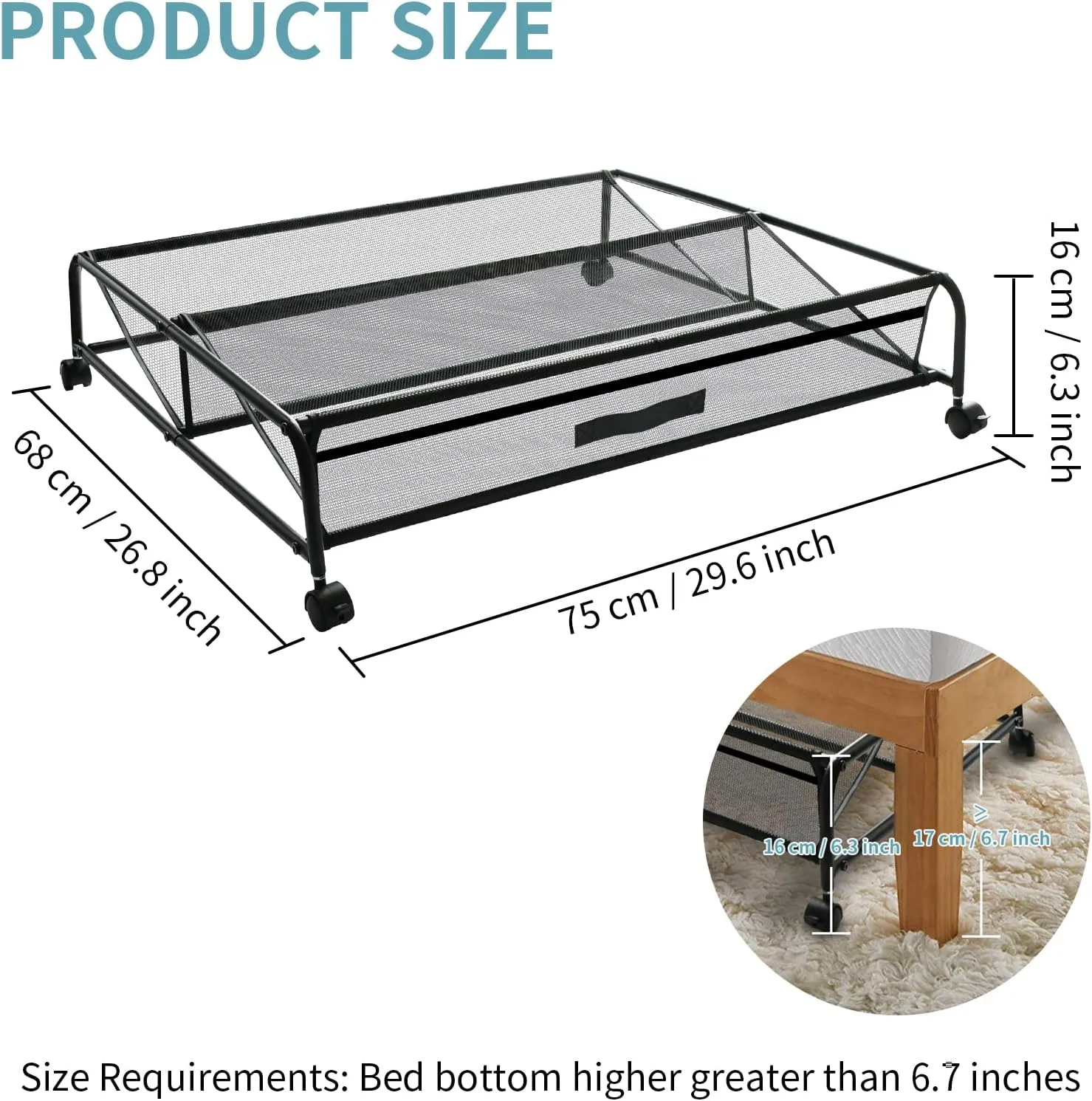 Under Bed Shoe Storage with Wheels, Space Saving Shoe Organizer with Sturdy Metal Frame & Breathable Mesh, Suitable Under the Bed, Sofa and Desk, 2 Packs