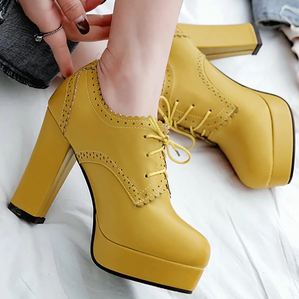 Uniquelly Womens High Platform Ankle Boots Block Heel Booties Round Toe Lace Up Pumps Elegant Dress Shoes