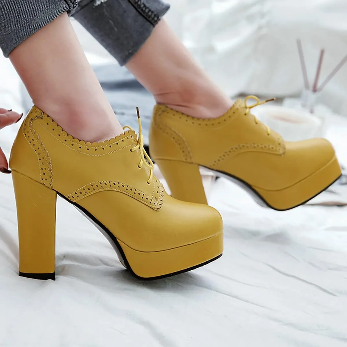 Uniquelly Womens High Platform Ankle Boots Block Heel Booties Round Toe Lace Up Pumps Elegant Dress Shoes