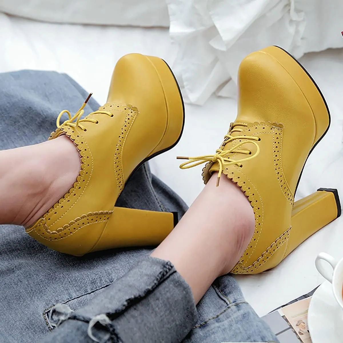 Uniquelly Womens High Platform Ankle Boots Block Heel Booties Round Toe Lace Up Pumps Elegant Dress Shoes