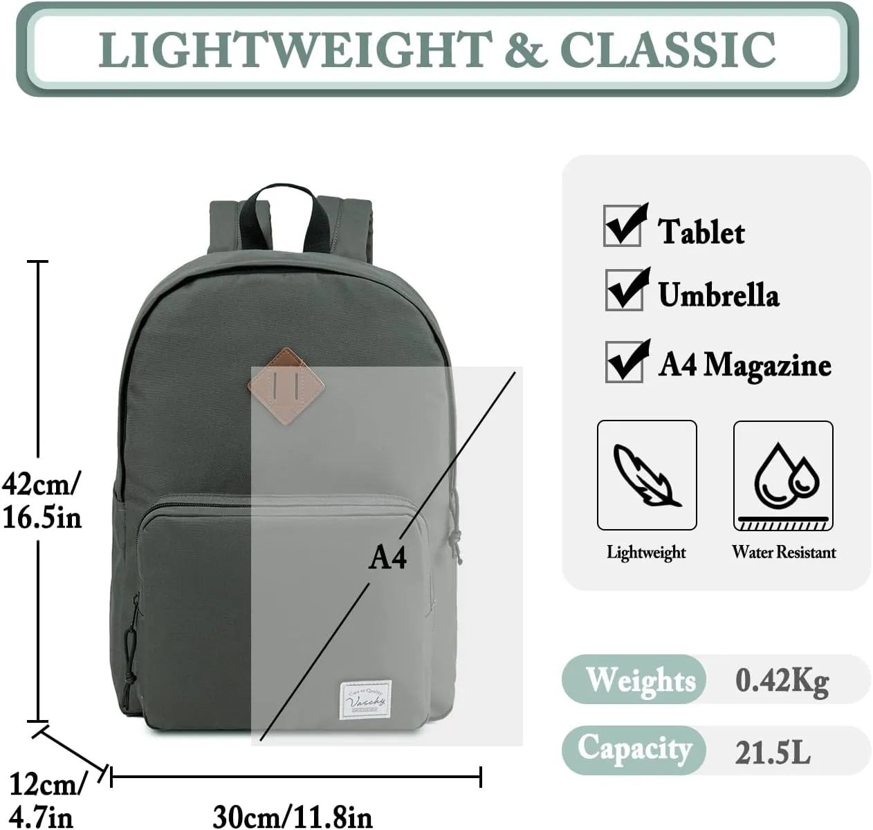 VASCHY School Backpack, Ultra Lightweight Backpack for Men Women Bookbag for Kids Teen Boys Girls Gray