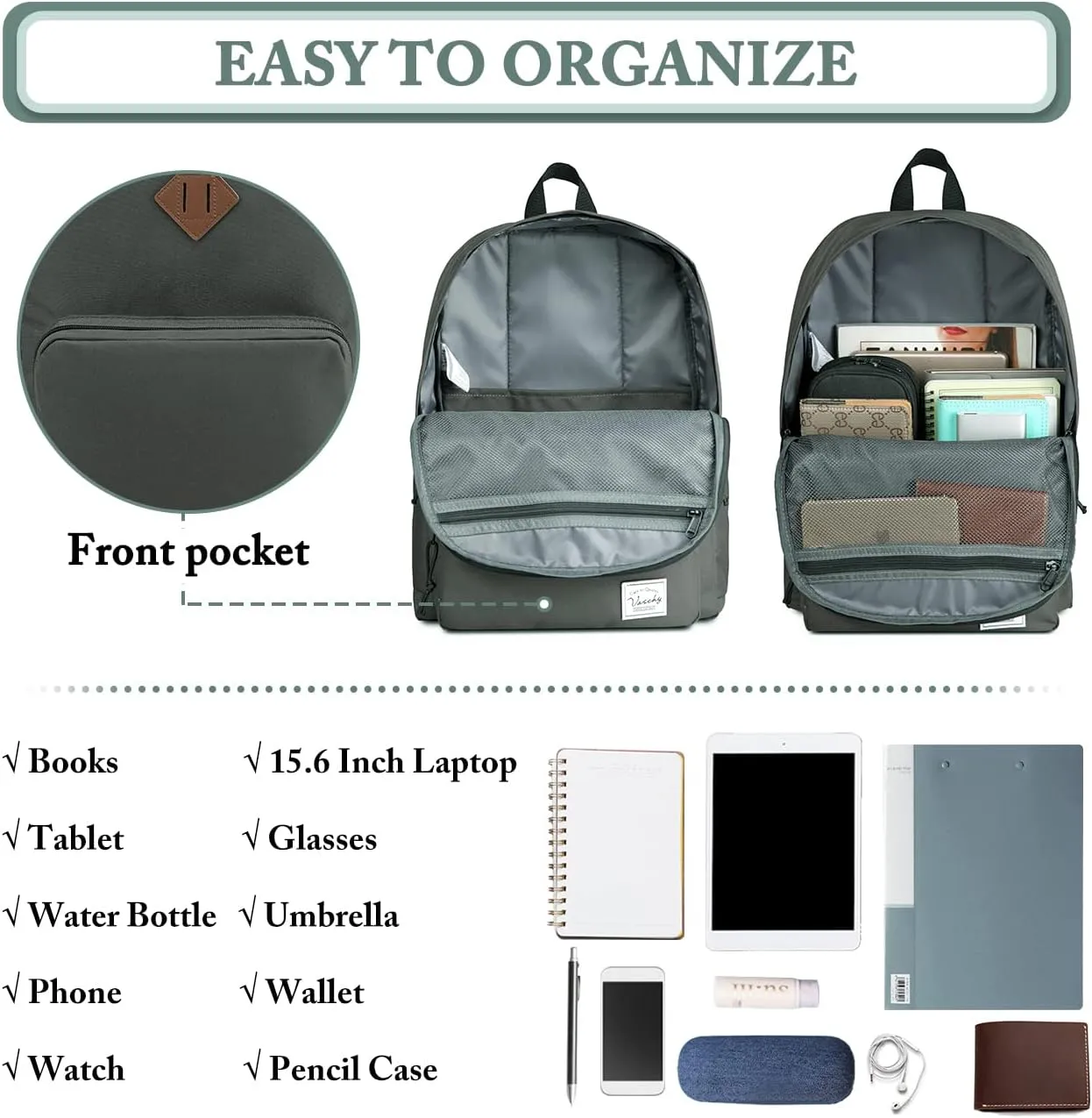 VASCHY School Backpack, Ultra Lightweight Backpack for Men Women Bookbag for Kids Teen Boys Girls Gray