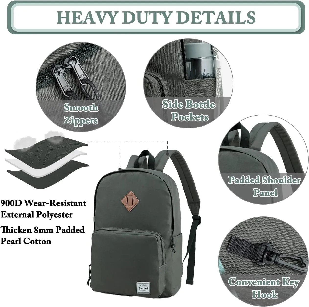 VASCHY School Backpack, Ultra Lightweight Backpack for Men Women Bookbag for Kids Teen Boys Girls Gray