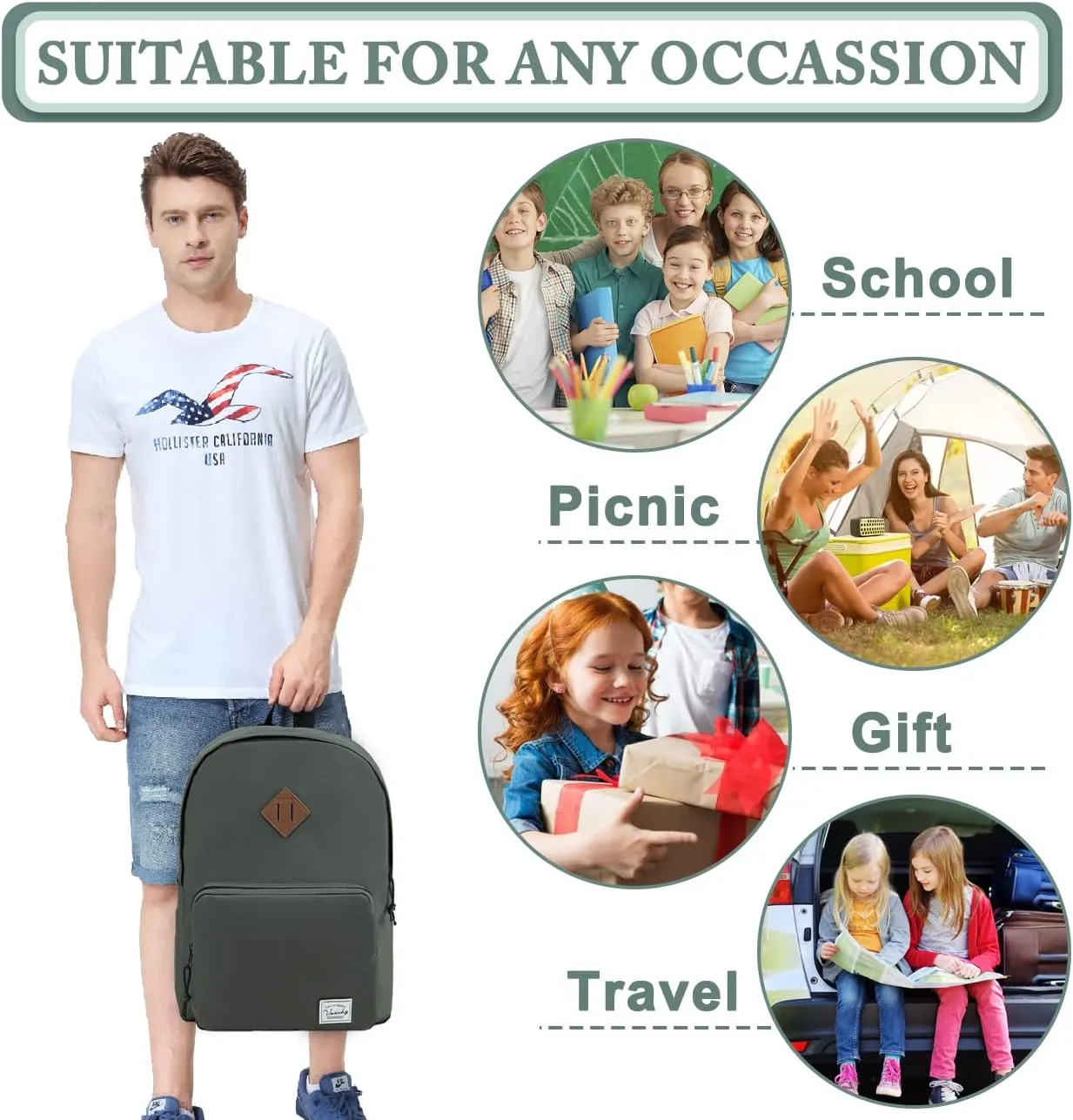 VASCHY School Backpack, Ultra Lightweight Backpack for Men Women Bookbag for Kids Teen Boys Girls Gray