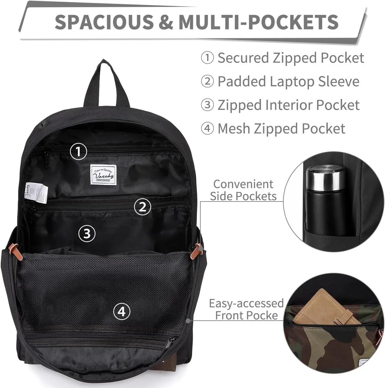 VASCHY School Backpack, Unisex Slim Lightweight Water-resistant Backpack for Men Women College Schoolbag Travel Bookbag