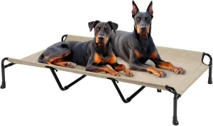 Veehoo Portable Elevated Dog Cot, 59" x 37" Extra Large Raised Cot for Large Dogs, With Breathable Mesh & Non-Slip Feet, Suitable for Outdoors & Camping, Beige & Coffee