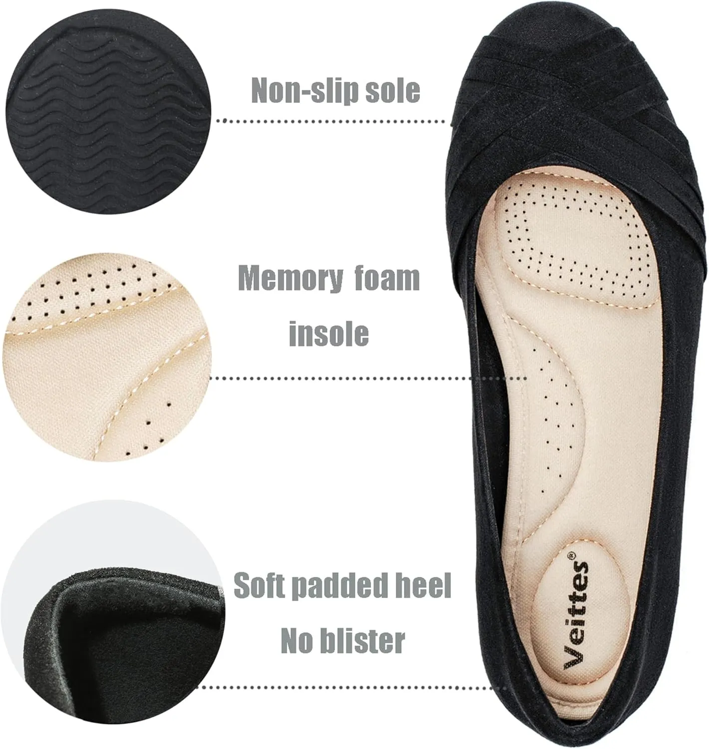 Veittes Women's Wide Width Flat Shoes, Comfortable Casual Round Toe Classy Design Ballet Flats.