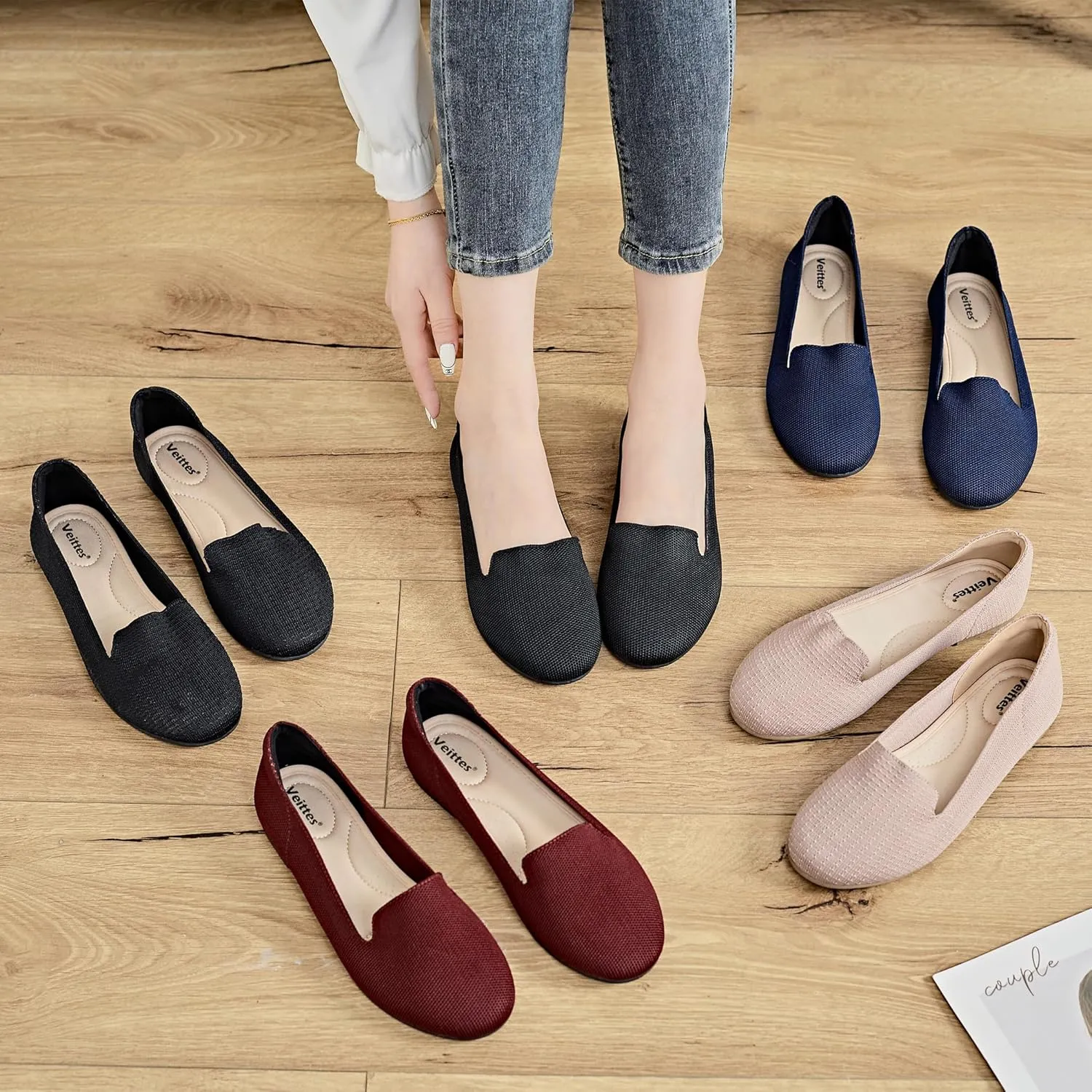 Veittes Women's Wide Width Flats Shoes,Dressy Comfortable Shoes,Soft Ladies Elegant Slip on Round Toe Knitted Ballet Shoes.