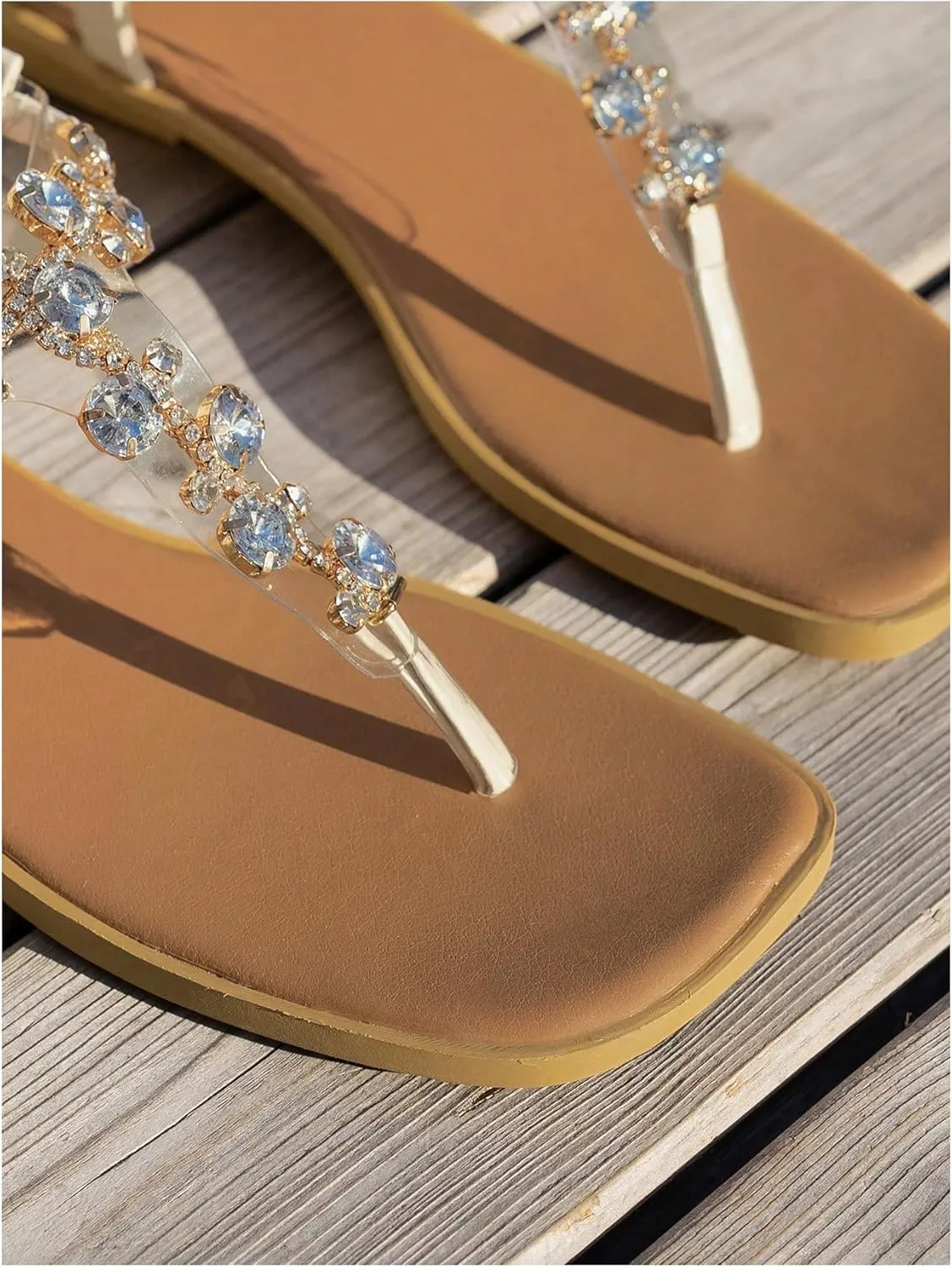 Verdusa Women's Glitter Rhinestone Thong Sandals Square Toe Vacation Flip Flops