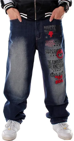 Veroders Men's Baggy Hip Hop Black Jeans- Loose Skateboard Pants Straight Baggy Skater Blue Jeans for Men