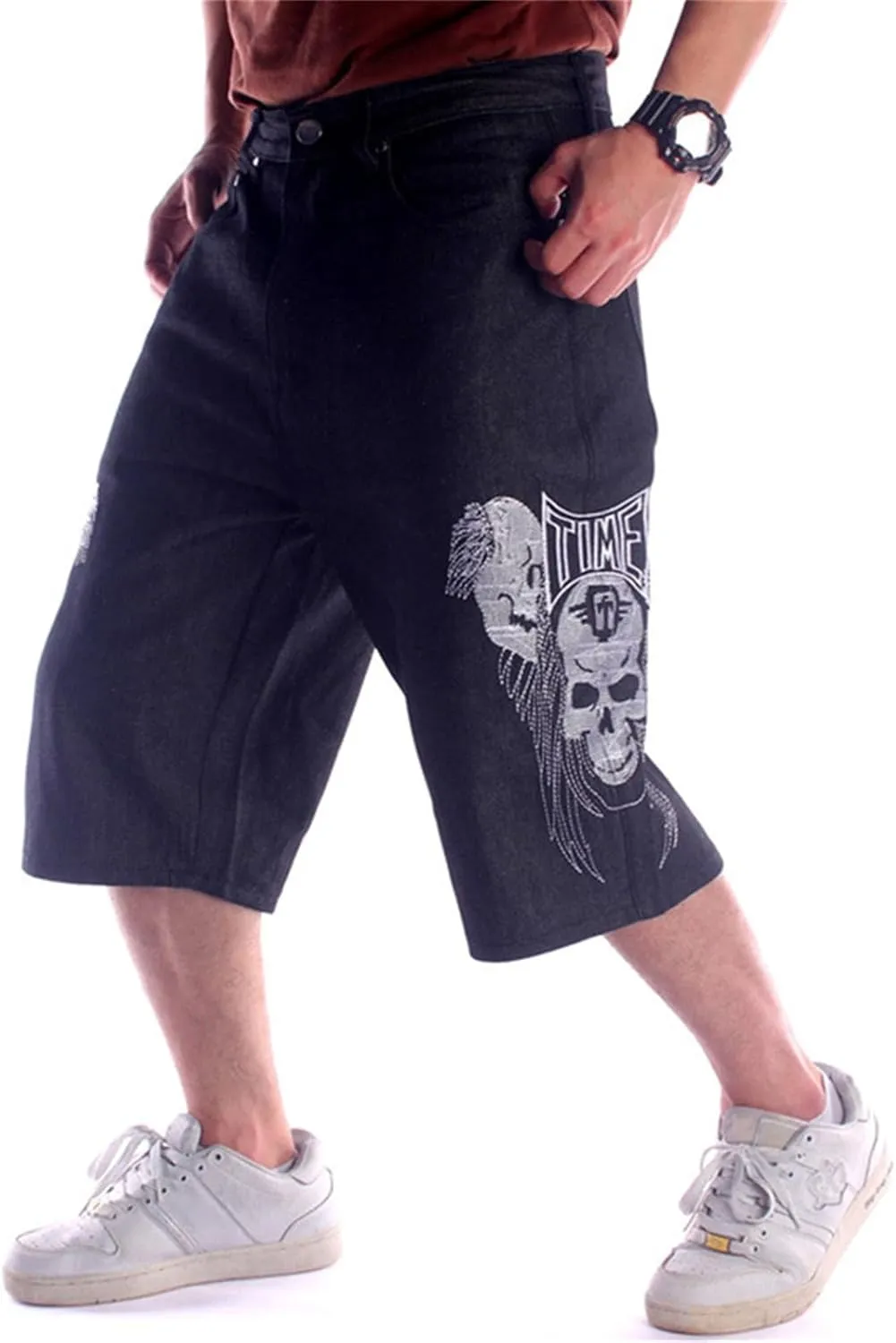Veroders Men's Summer Shorts Baggy Hip Hop Black Jeans - Casual Straight Short Skateboard Pants Loose Jogging Jeans