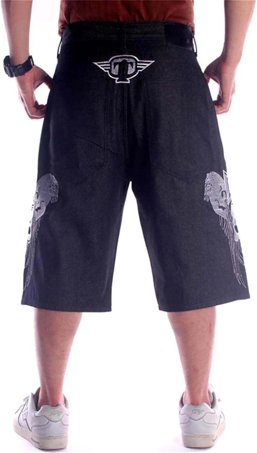 Veroders Men's Summer Shorts Baggy Hip Hop Black Jeans - Casual Straight Short Skateboard Pants Loose Jogging Jeans