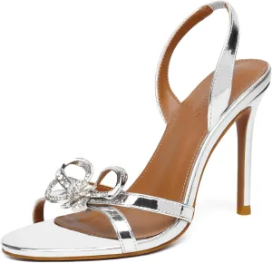 Vertundy Women's Slingback Heeled Sandals Slip On Stiletto Heels Open Toe High Rhinestone Bow Decoration Dress Party Wedding Elegant Shoes for Women