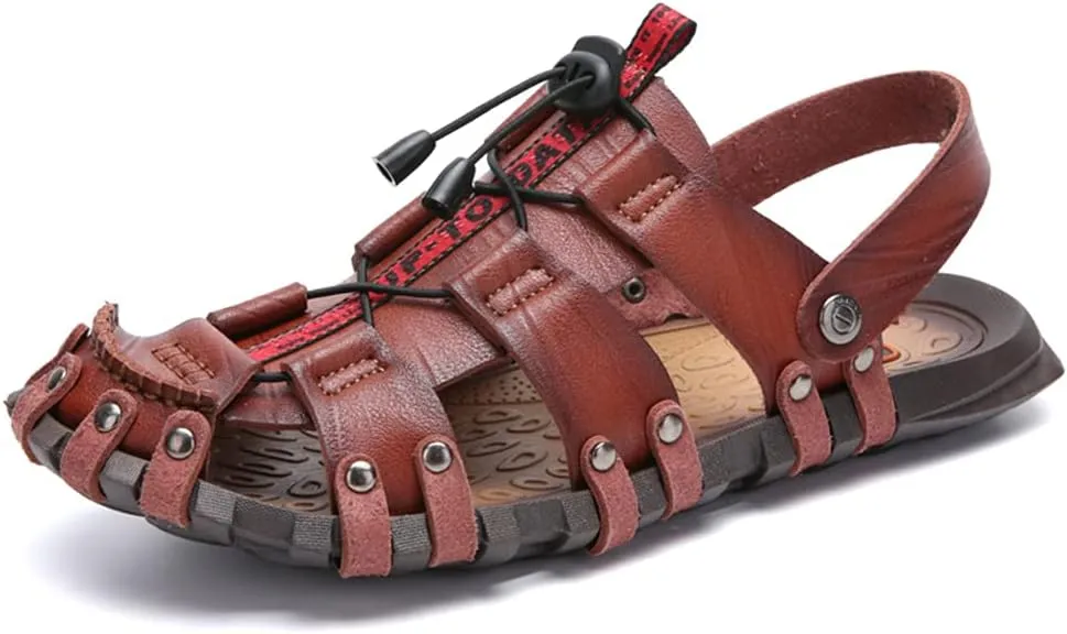 Veslexth Men's Cool Fisherman Sandals Summer Leather Outdoor Comfortable Slippers Casual Beach Swimming Shoes