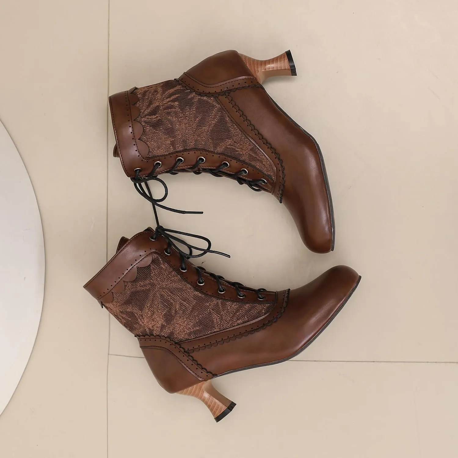 Vintage Victorian Boots for Women Kitten Heel Lace Ruffles Granny Boots Lace Up Ankle-High Booties