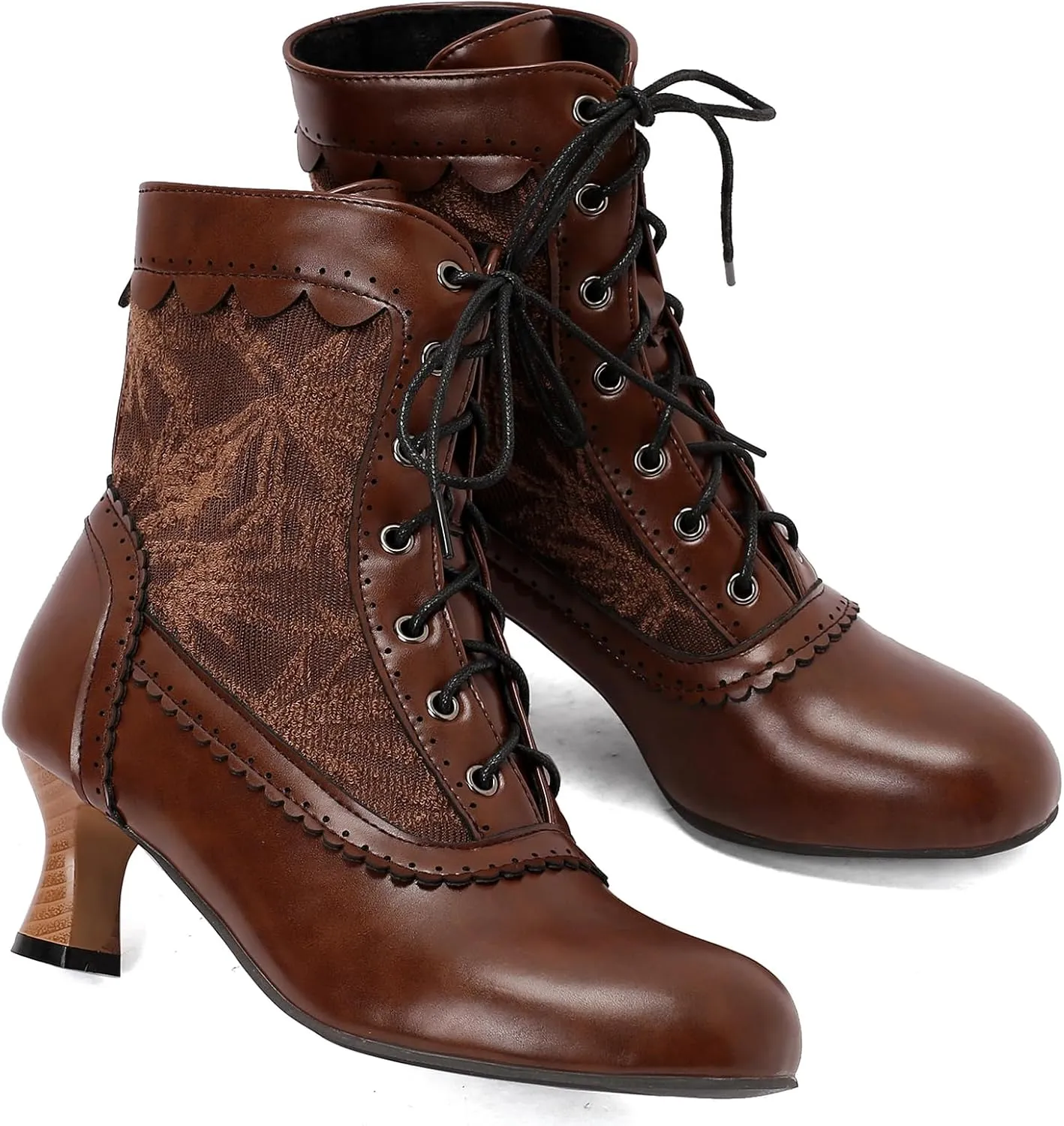 Vintage Victorian Boots for Women Kitten Heel Lace Ruffles Granny Boots Lace Up Ankle-High Booties