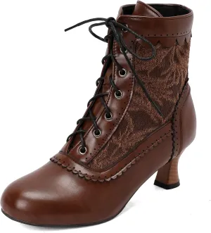 Vintage Victorian Boots for Women Kitten Heel Lace Ruffles Granny Boots Lace Up Ankle-High Booties