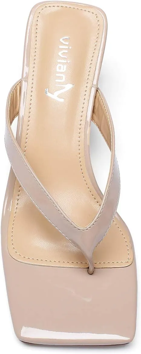 vivianly Women's Square Toe Thong Heels Slip On Mules Backless Chunky Heel Slippers