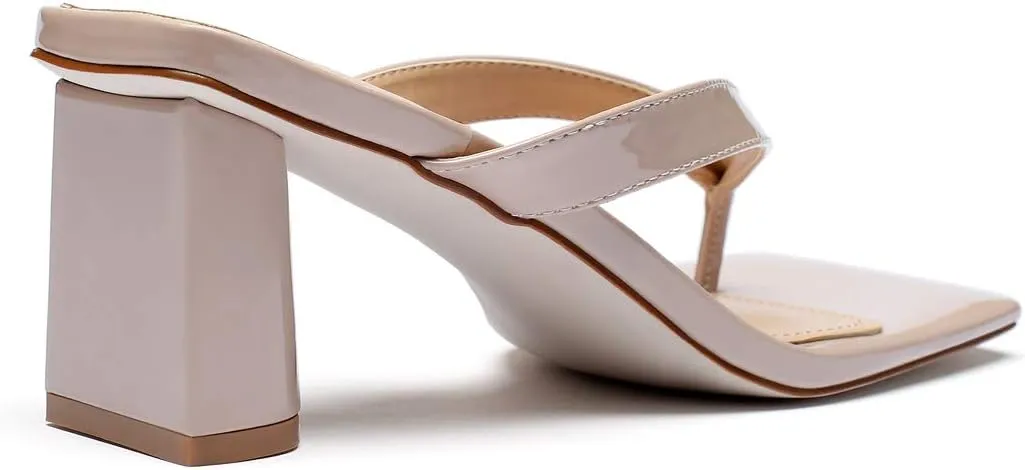 vivianly Women's Square Toe Thong Heels Slip On Mules Backless Chunky Heel Slippers